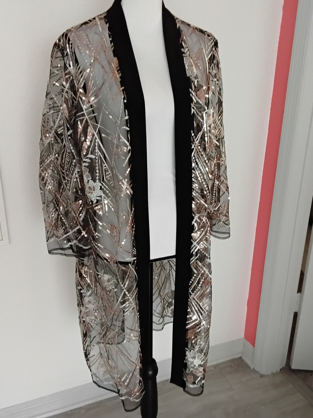 LR&M Richards Sheer Sequin Embellished Kimono in Rose Gold, Silver, and Black